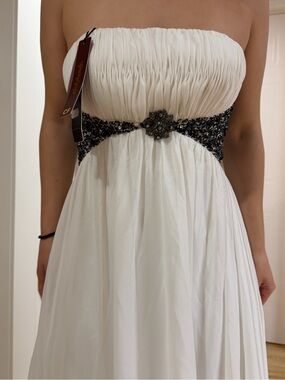 Strapless White Evening Dress with Embellished Waist